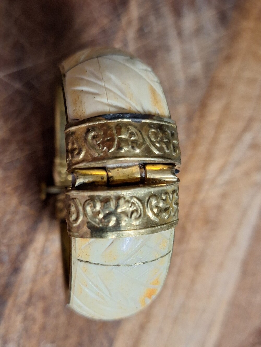 Vintage Brass & Bone Hinged Cuff Bracelet Tribal Exotic statement piece